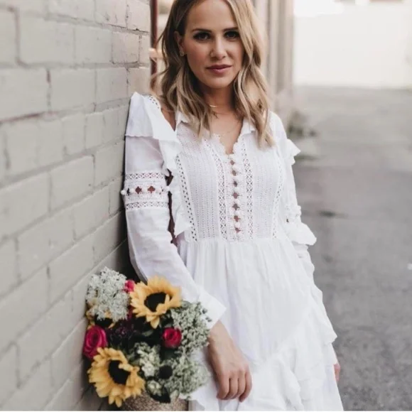 Sea New York Tie Neck Mini Dress White Size 4 Ruffle, Pom-Pom & Tassel Accents - Picture 11 of 14